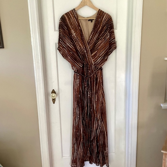 Lane Bryant Printed Faux Wrap Maxi Dress 22W Brown Ruffled Flutter Sheer V-neck - Picture 13 of 13